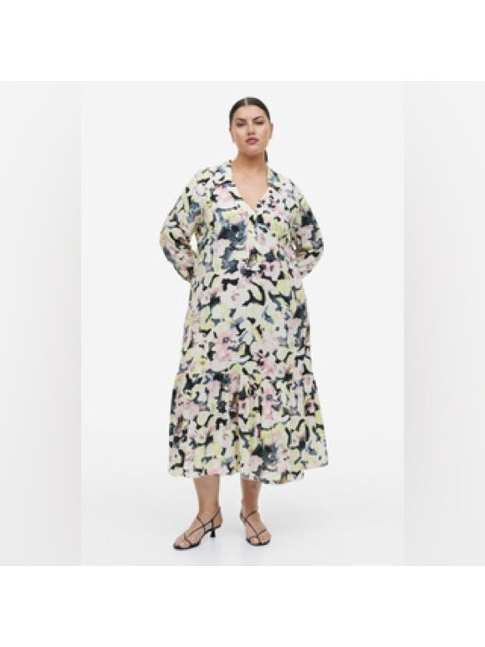 H&M Floral Print Collared Long Sleeve Midi Dress